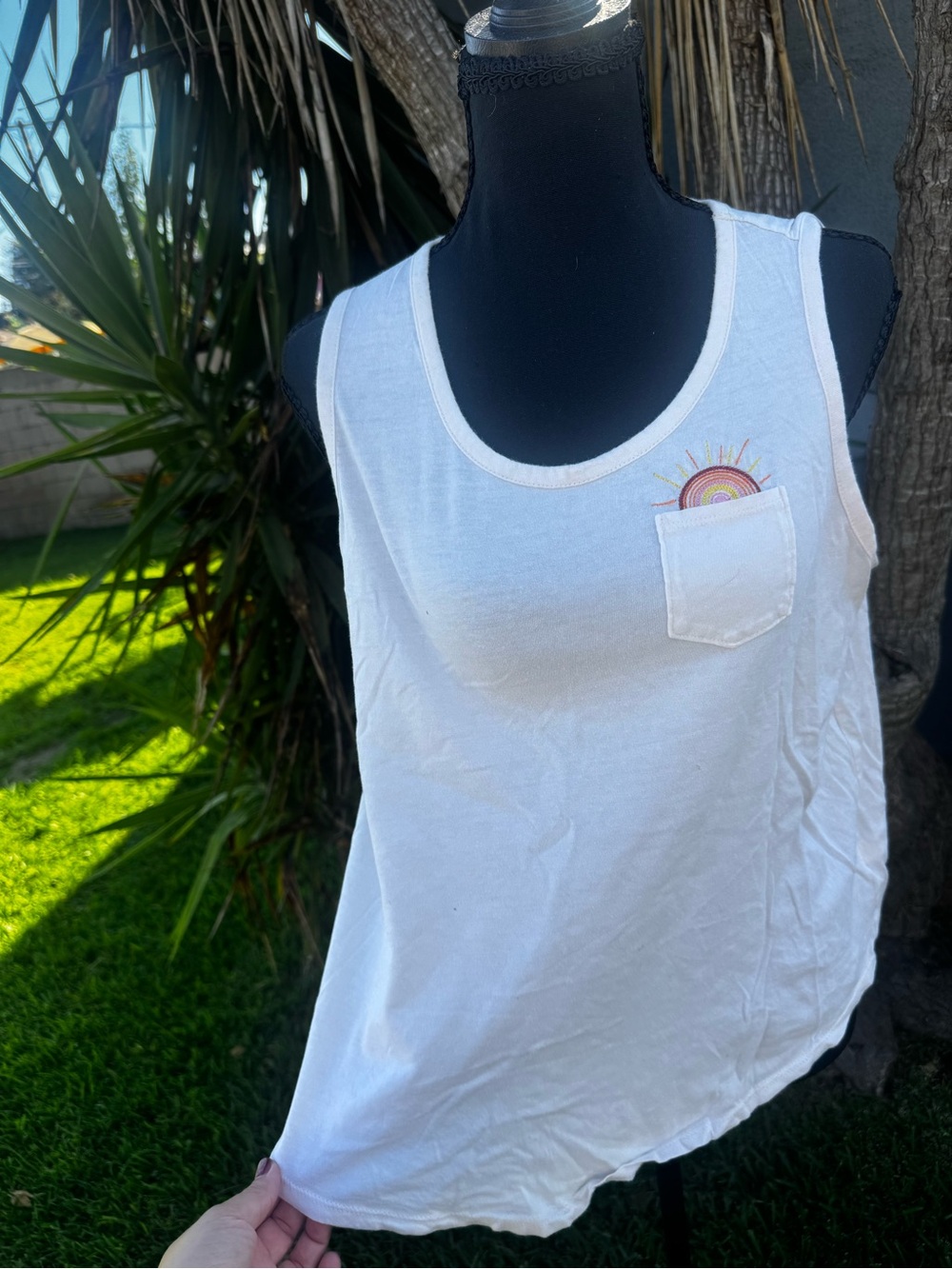 LC Lauren Conrad White Pocket Tank with Colorful Sun Detail